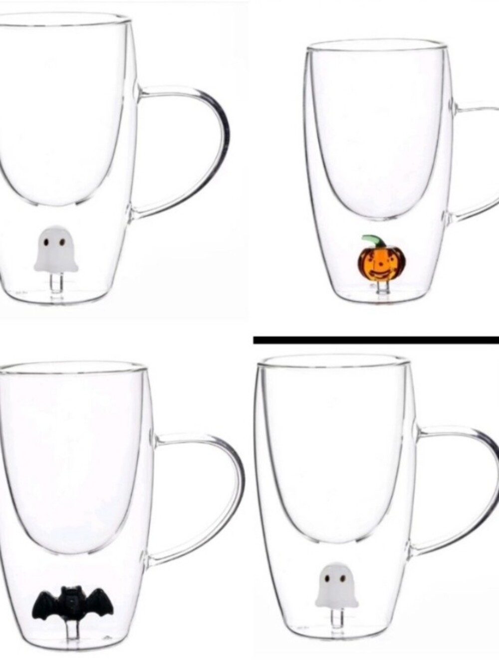 Halloween Double-Wall Glass Mugs Set Of 4 with Holiday Charm - New In Box!